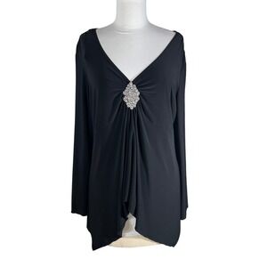 Black V-Neck Long Sleeve Tunic Top w/ Rhinestone Brooch Detail Handkerchief Hem